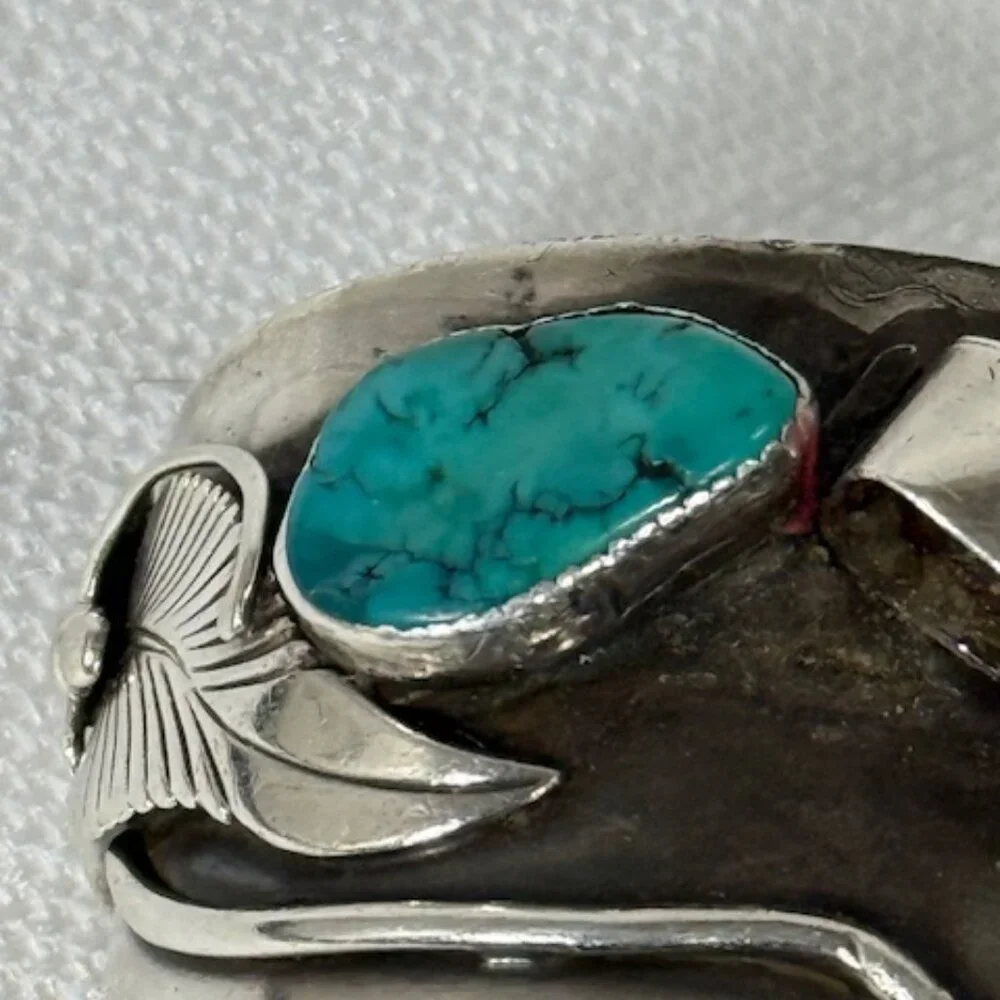 Signed Edison Piaso heavy gauge silver and Sonoran Gold turquoise cuff bracelet.